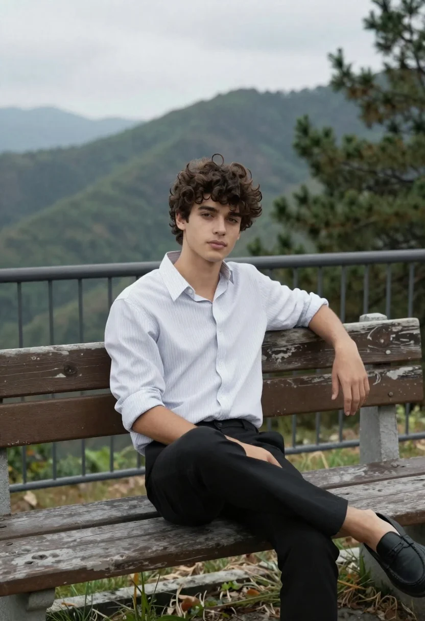 Young Man With Curly Dark Hair Sits Casually Weathered Wooden
