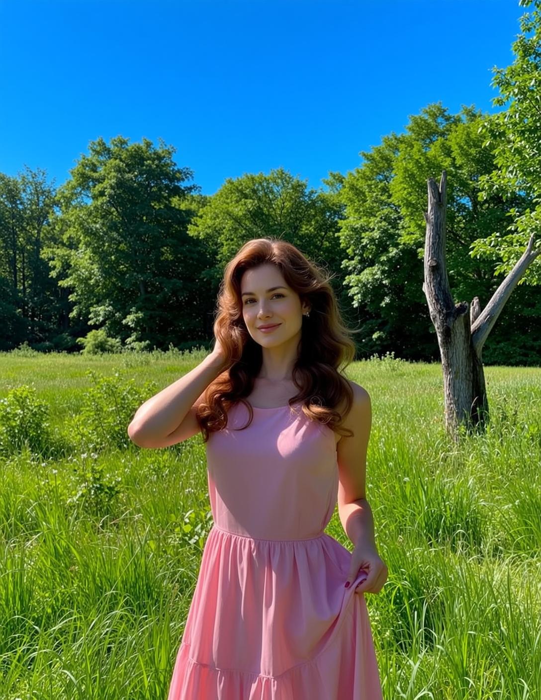 Cottagecore Stands Sun-drenched Meadow Her Body Angled