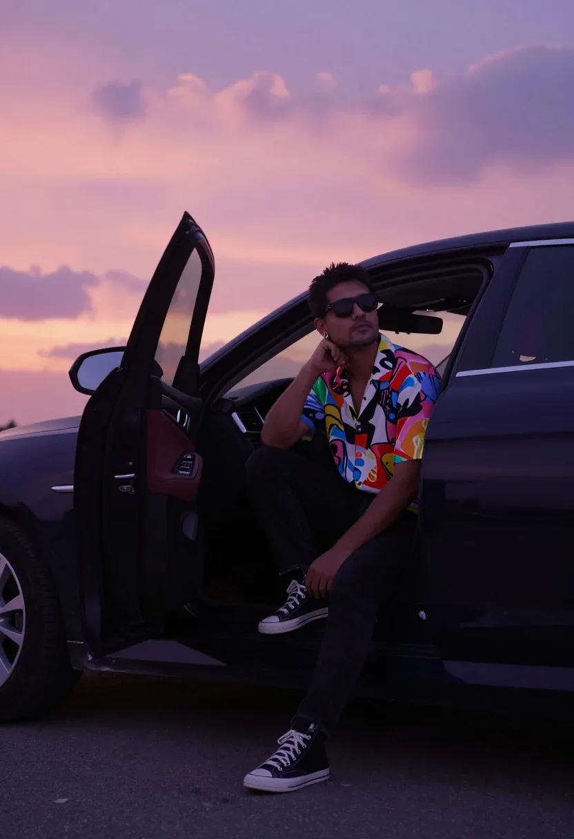 Man Sits Casually The Open Door Dark Luxury Car Against
