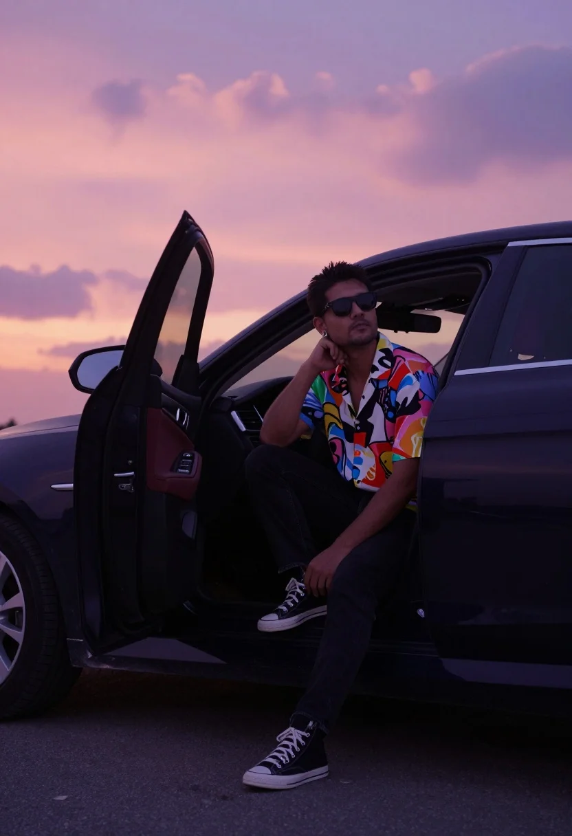 Man Sits Casually The Open Door Dark Luxury Car Against