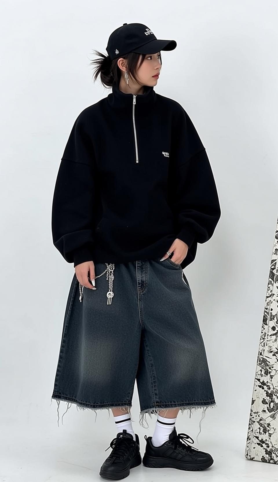 Black Quarter Zip and Denim Shorts Studio