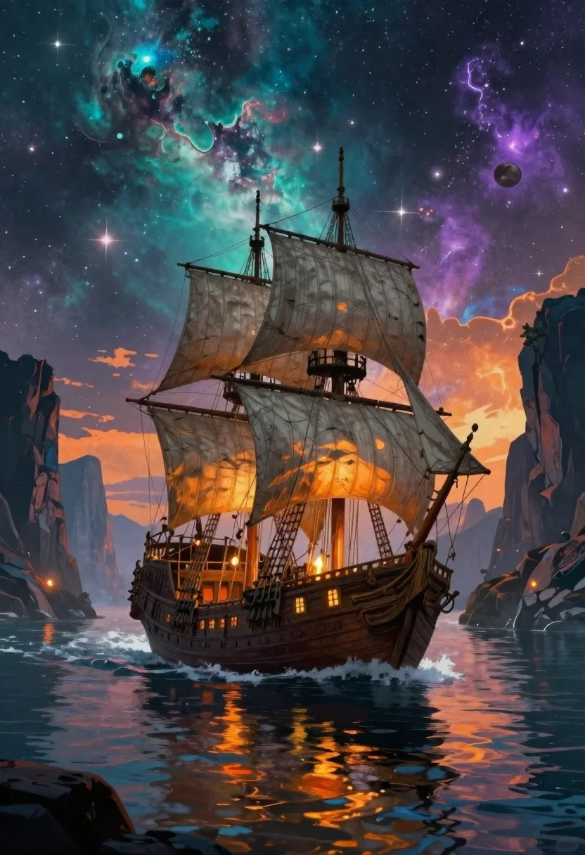 Digital Painting Majestic Fantasy Sailing Ship Navigating Through Magical Cosmic reference photo