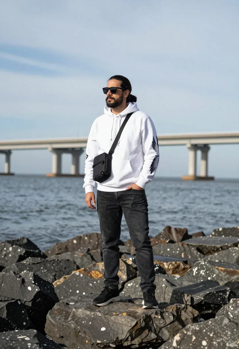 Man Stands Confidently Dark Rocks Near The Ocean With Large