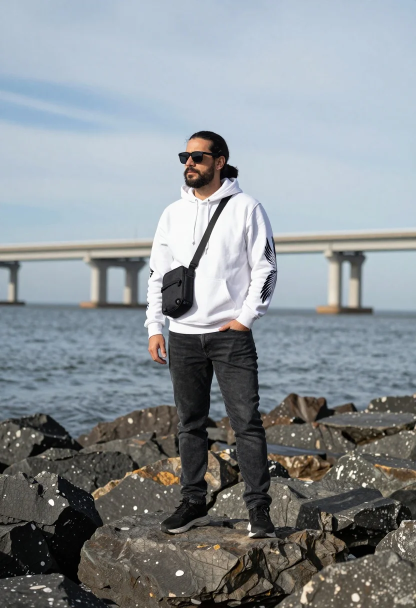 Man Stands Confidently Dark Rocks Near The Ocean With Large