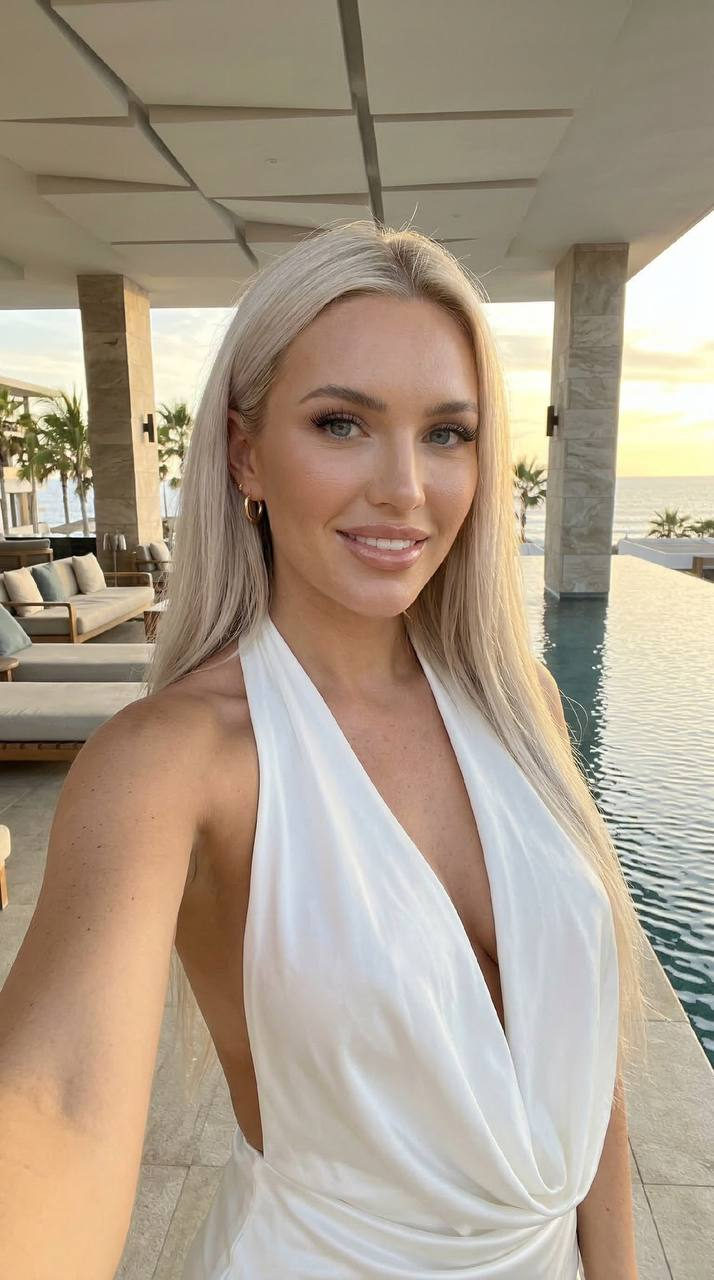 A woman taking a selfie on a luxurious terrace with an infinity pool in the background, wearing a flowing white evening dress.