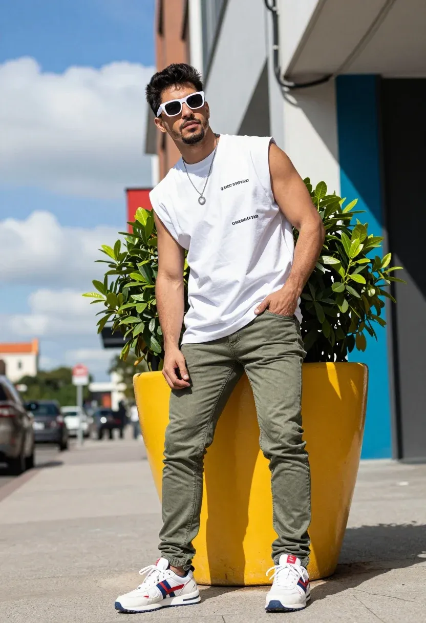 Young Man Posing Confidently Outdoors Bright Urban Setting Subject Man