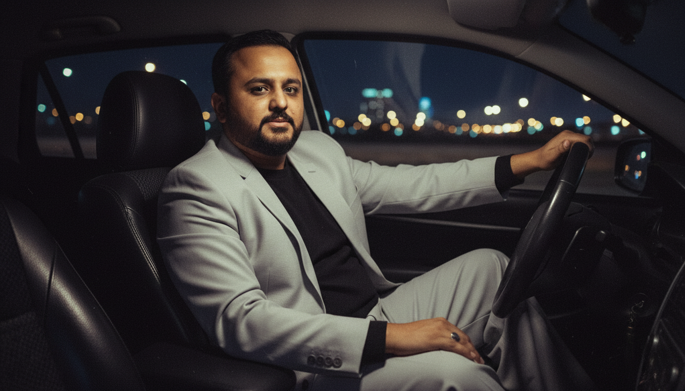 A reflective man in a low-light portrait, softly illuminated by city lights with a deep indigo sky in the background.