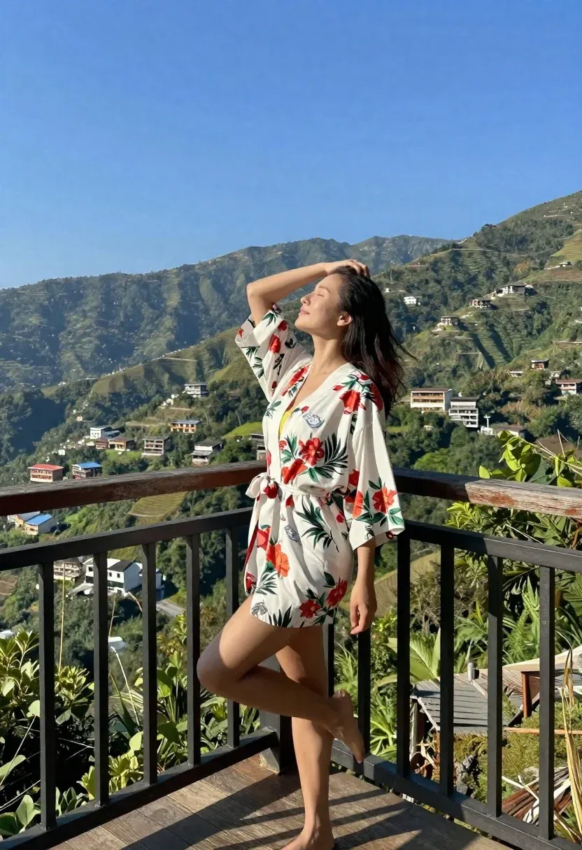 Woman Stands Wooden Balcony With Scenic Mountain Valley View Behind
