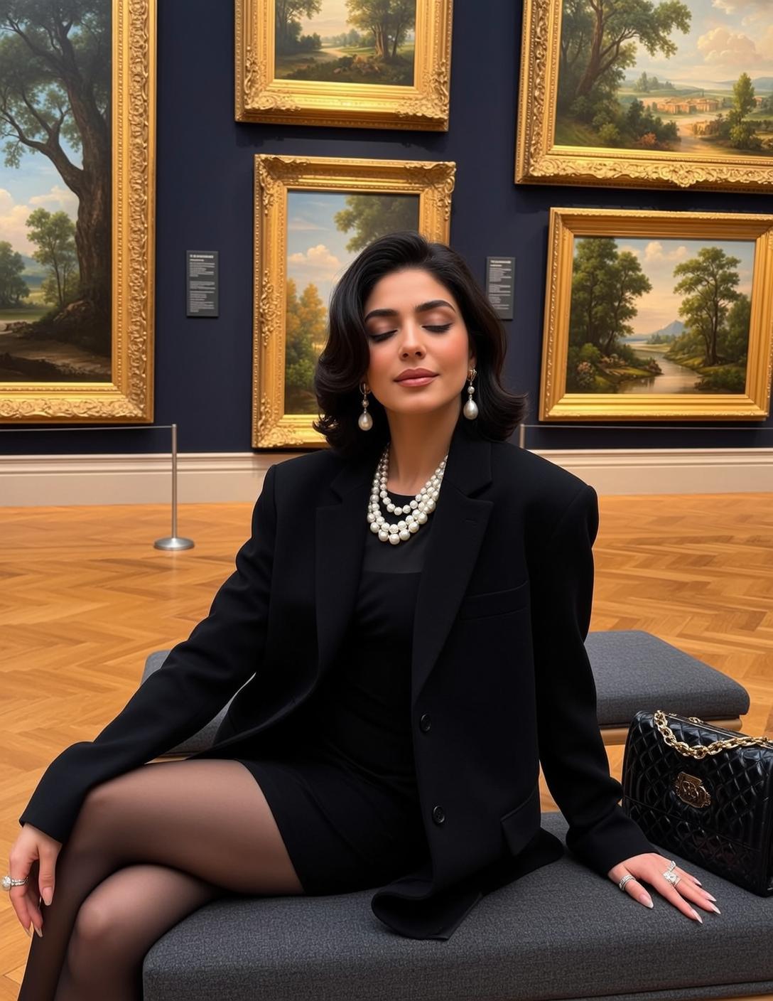 Woman Serene Art Museum Bench Pearl Jewelry