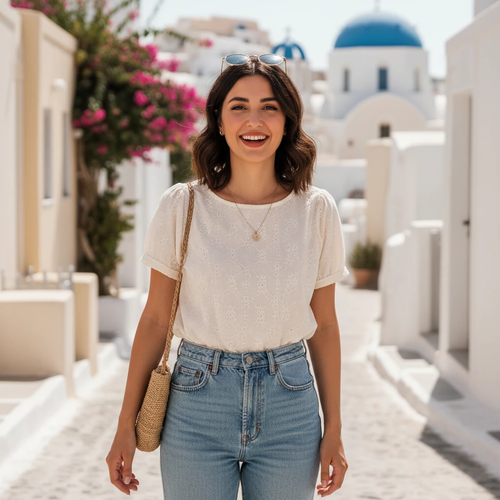 A woman in a casual summer outfit smiling in a sunlit Mediterranean street, with soft waves in her hair and a sun-kissed glow.