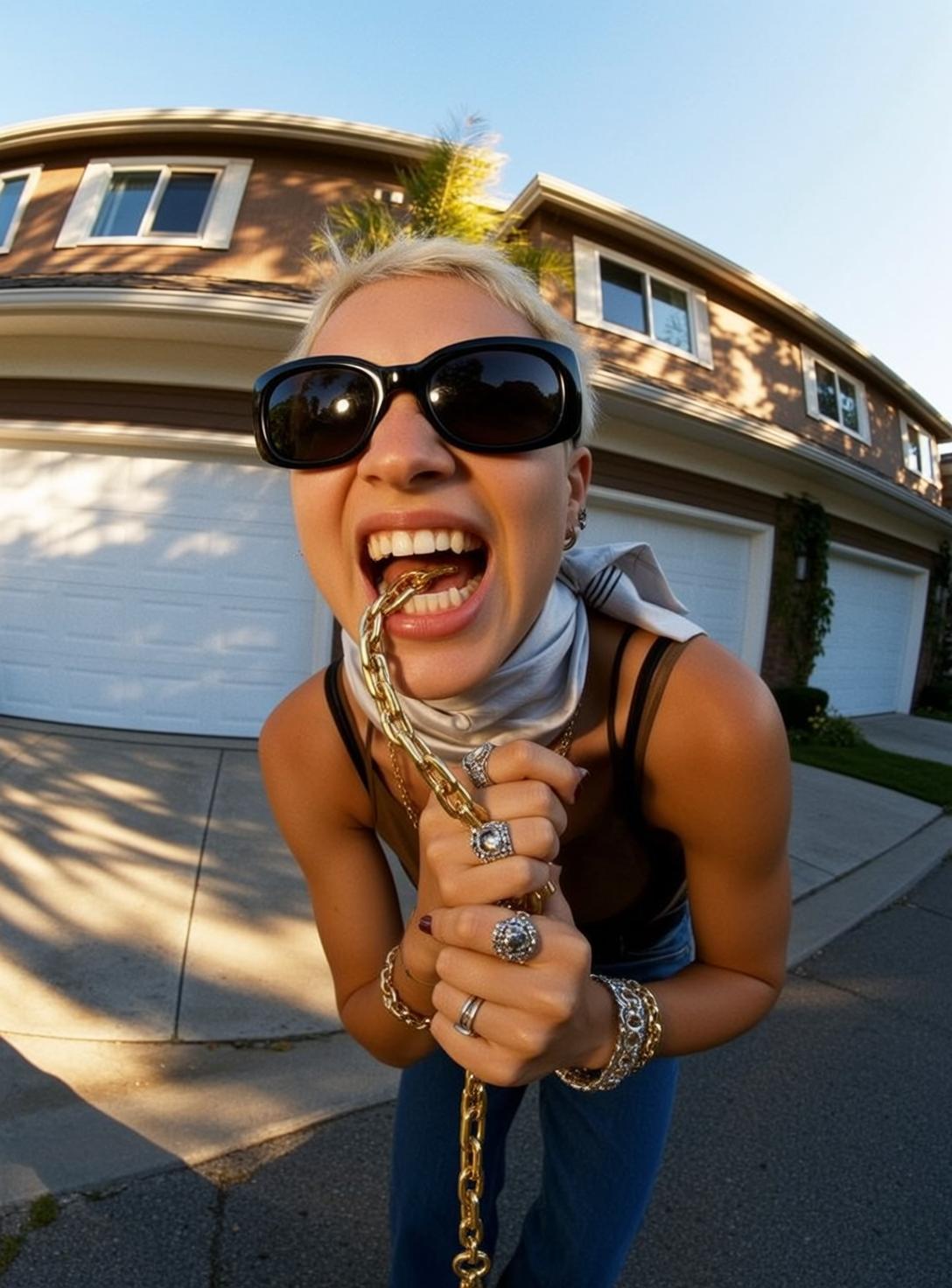 Fisheye Young Short Blonde Tan Black Tank