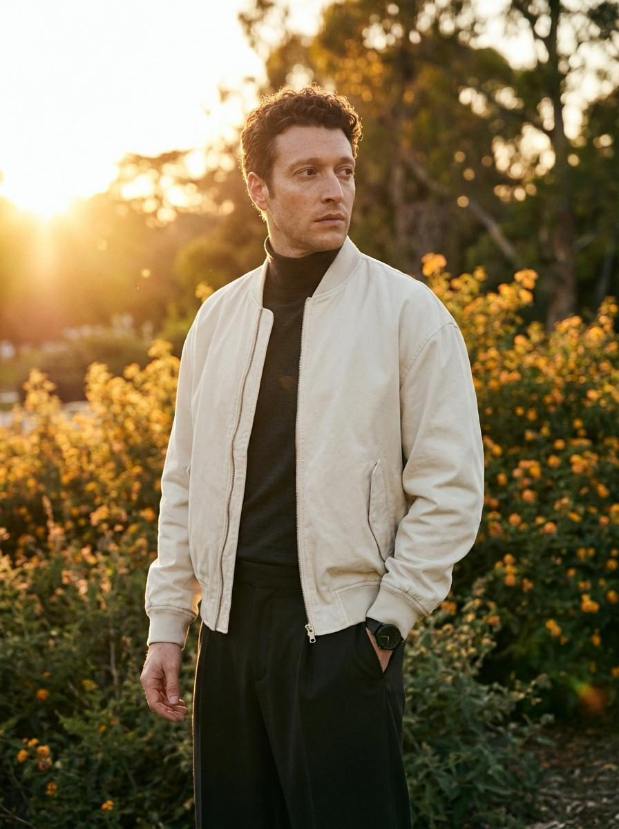 A man in a cream bomber jacket stands outdoors, surrounded by flowering shrubs, captured at eye level during sunset.
