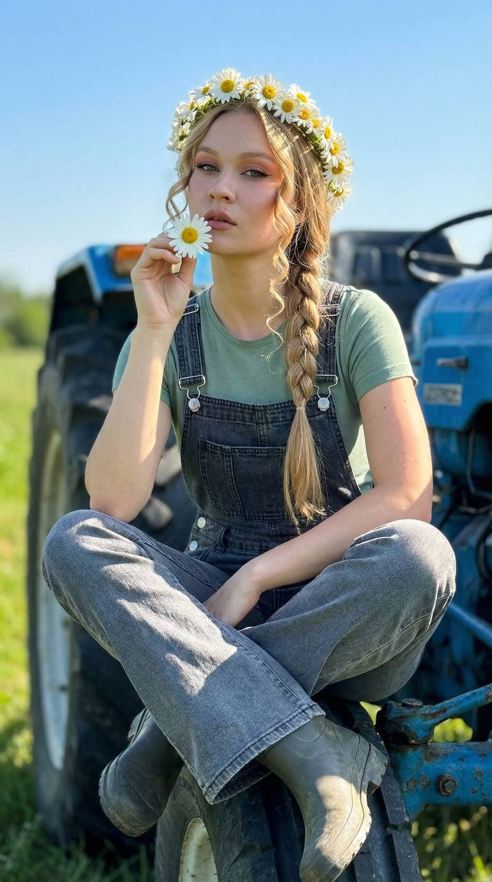 A girl with a daisy wreath sitting on a blue tractor, wearing a green t-shirt and gray jeans, in a sunlit green field.
