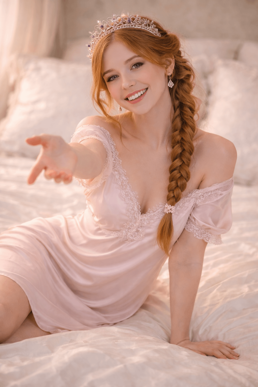 Medium shot of a person seated on rumpled white linens, wearing a pink satin nightgown with intricate lace trim and a jeweled tiara.