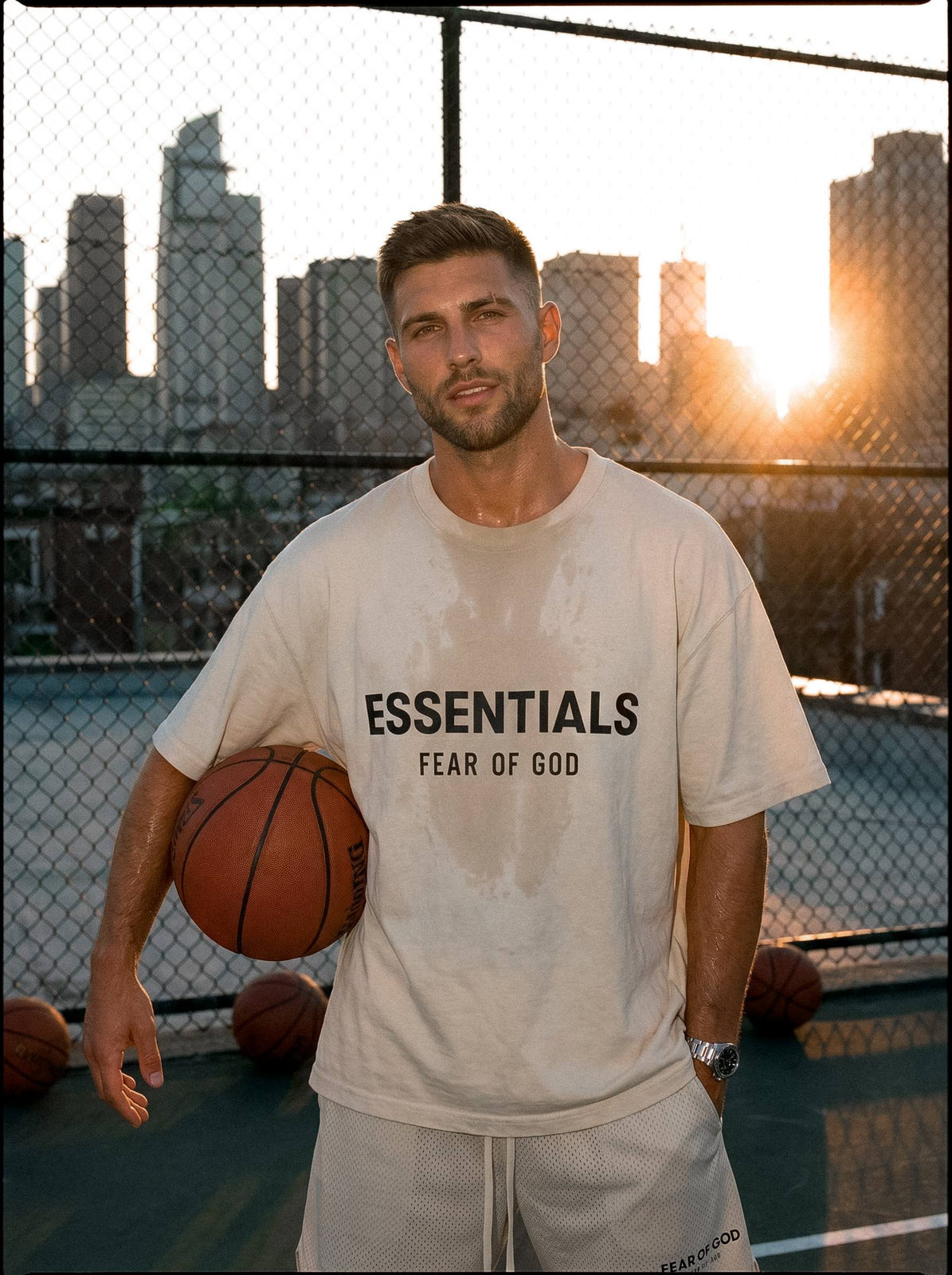 Rooftop Basketball Court Guy Jersey Warm Sunset City