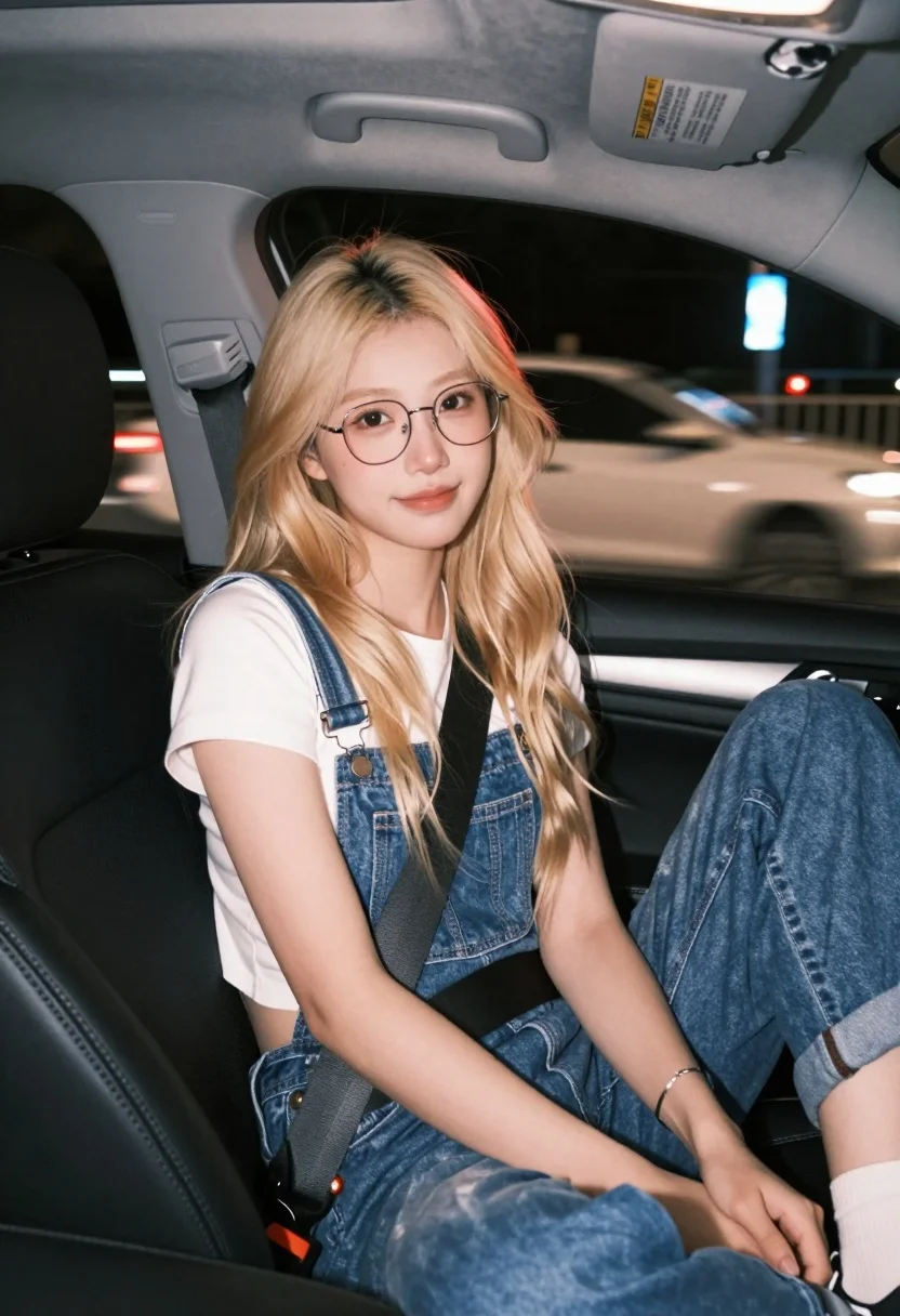 A young woman with long wavy blonde hair sits in the driver's seat of a car, illuminated by warm interior lighting at night.