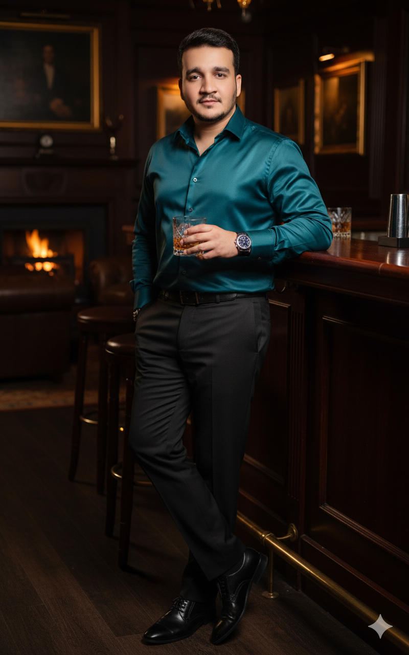 A suave man leaning against a polished mahogany bar, holding a whiskey glass, dressed in a dark teal silk shirt and tailored trousers.