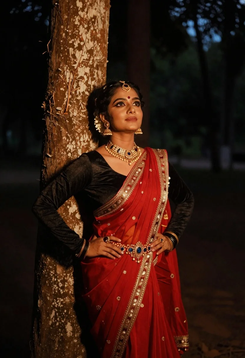Woman Dressed Traditional Indian Attire Stands Confidently With One Hand reference photo