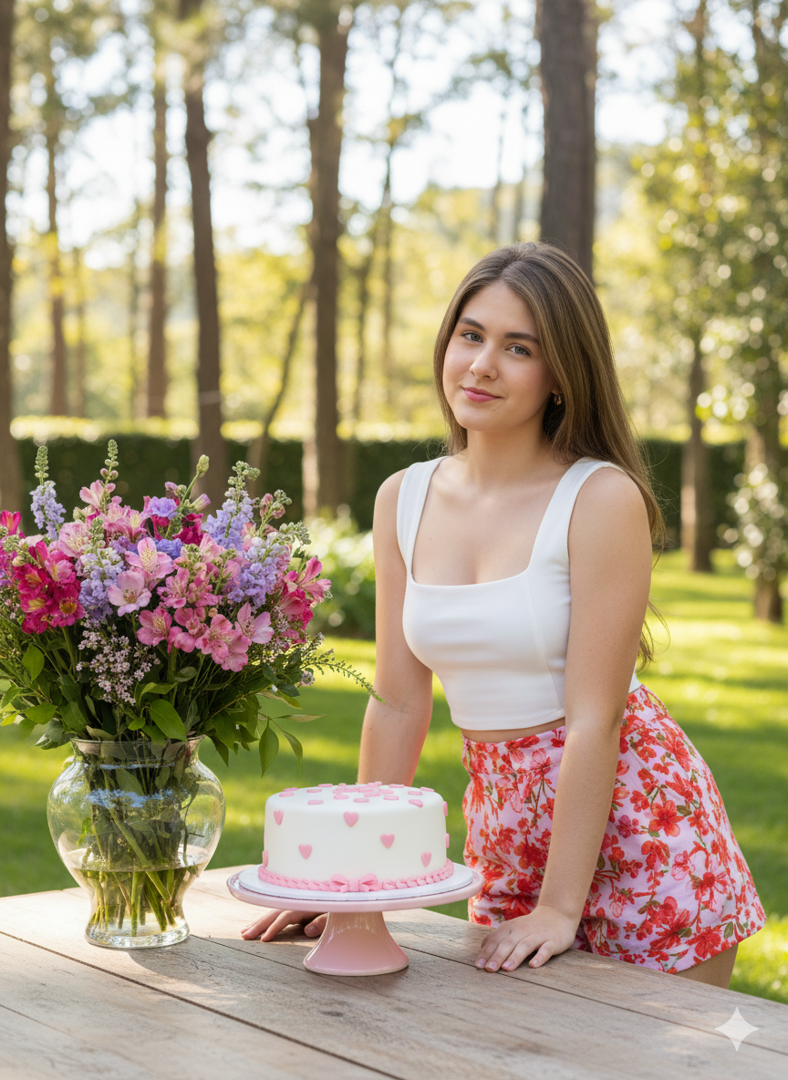 Retrato de mulher ao ar livre, inclinada sobre mesa de madeira, com um sorriso suave e vestido elegante em tons vermelhos e rosa, em um jardim ensolarado.