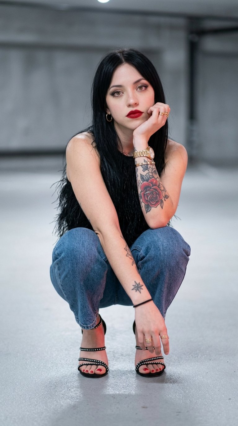 Crouching Deep Squat Black Feathery Top