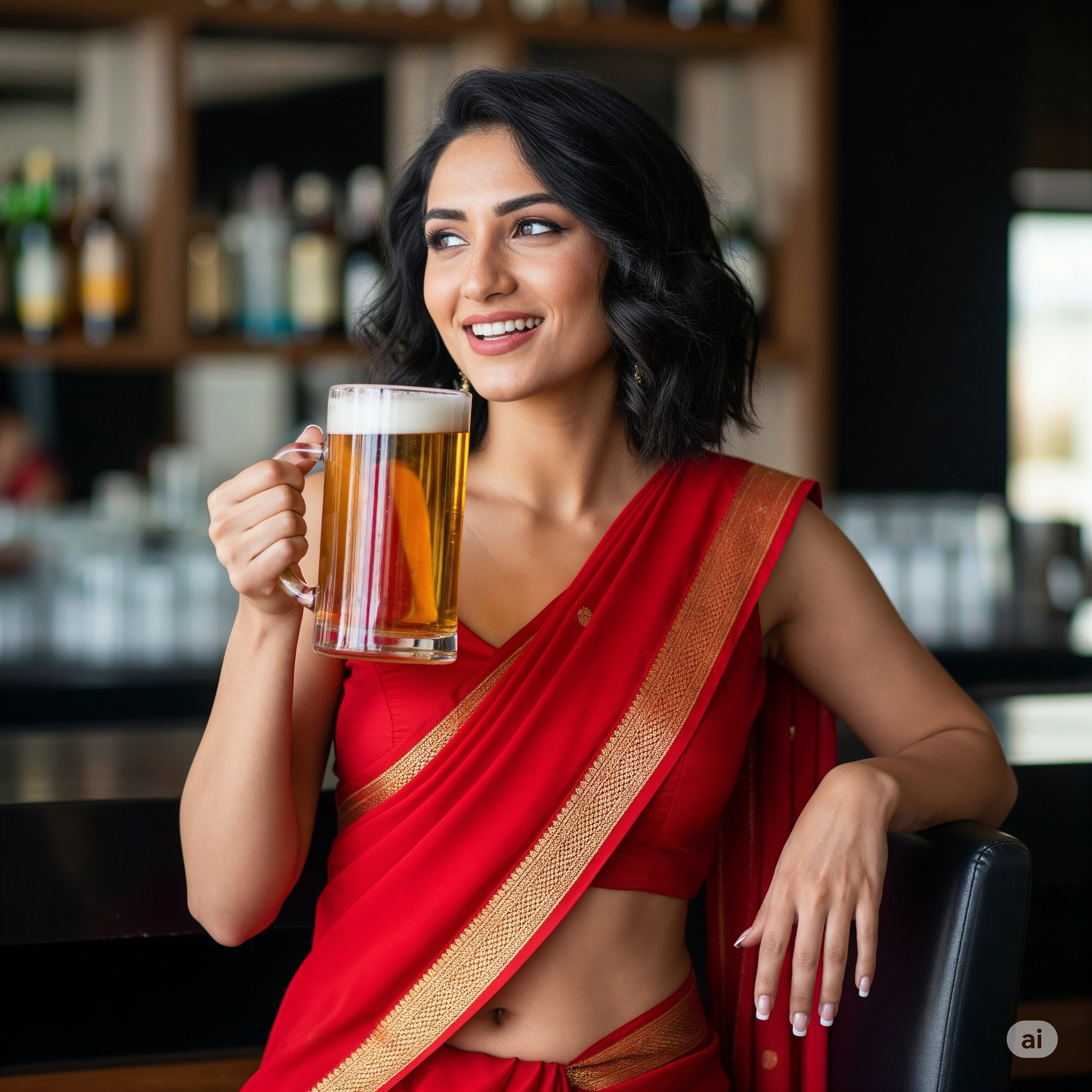 Red Saree Holding Beer At Bar