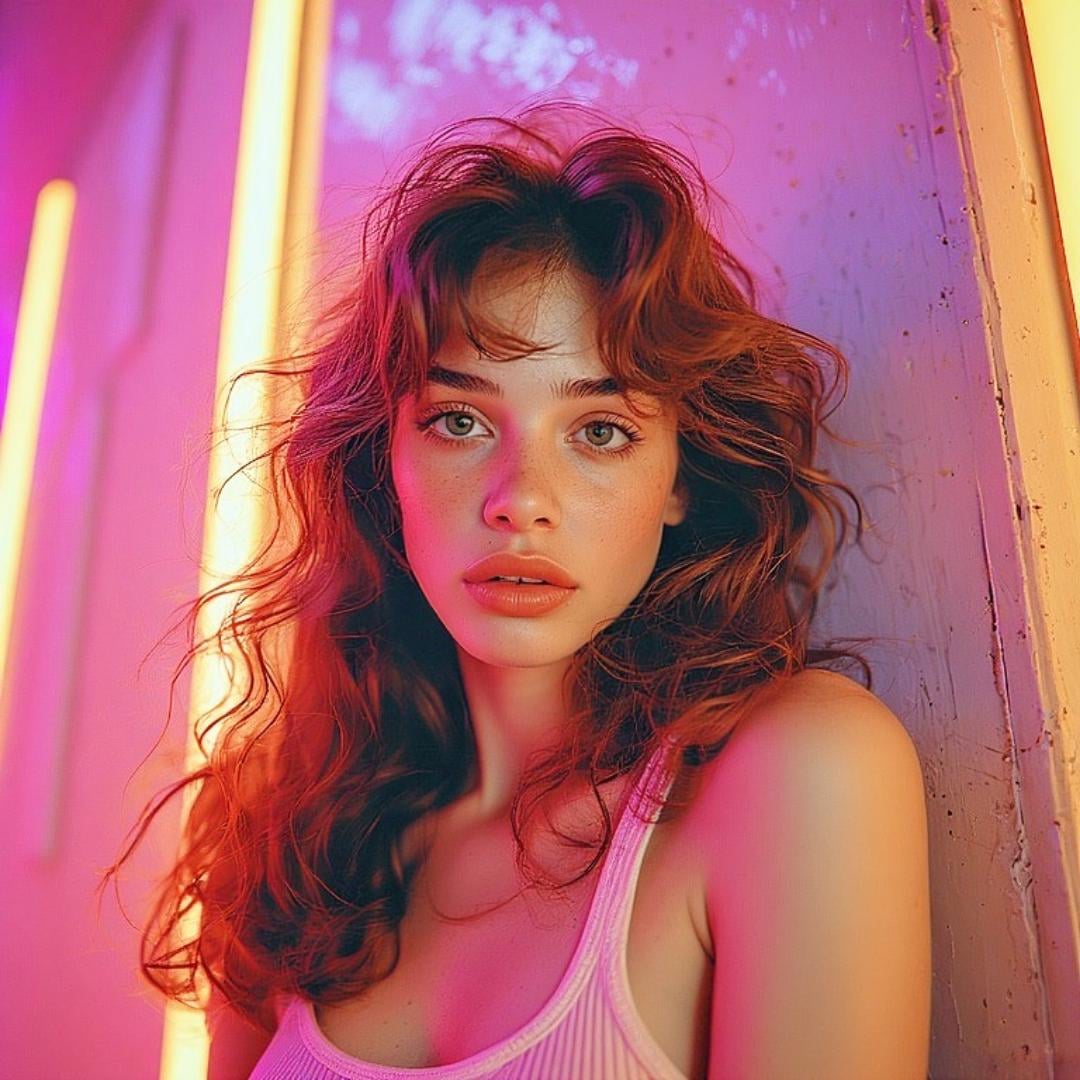 Face With Pink Tank And Neon Light Glow