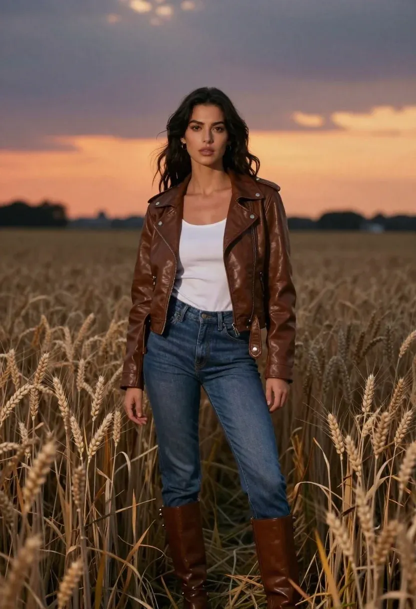 Woman With Long Dark Wavy Hair Stands Field Tall Wheat