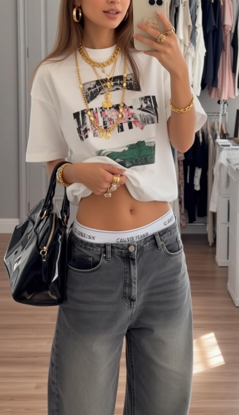 White Graphic Tee Grey Jeans Bedroom Closet