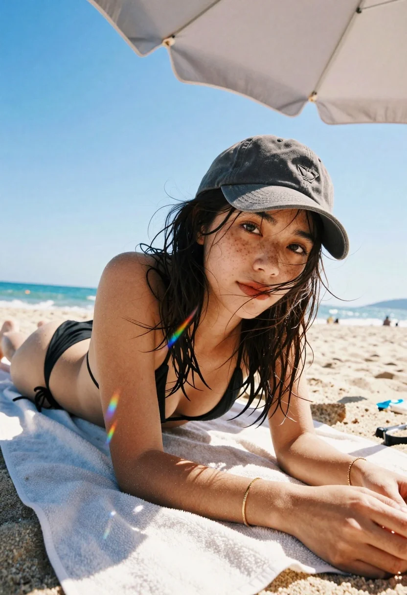 Young Woman With Dark Hair Lies Prone Beach Towel Under