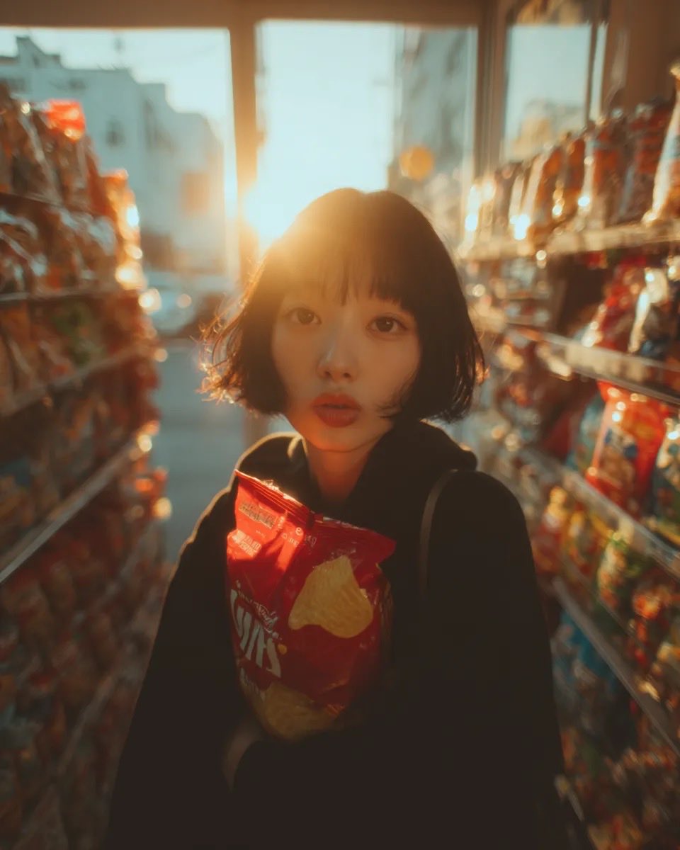 Convenience Store Aisle Woman Red Chips Bag Film Look