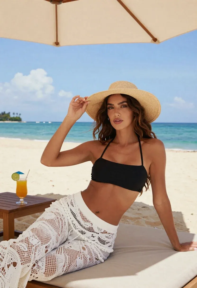 Photorealistic Portrait Fit Young Woman Lounging Outdoor Daybed Under Beach