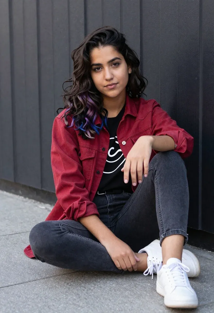 Young Woman With Wavy Dark Hair Featuring Purple Highlights Sits