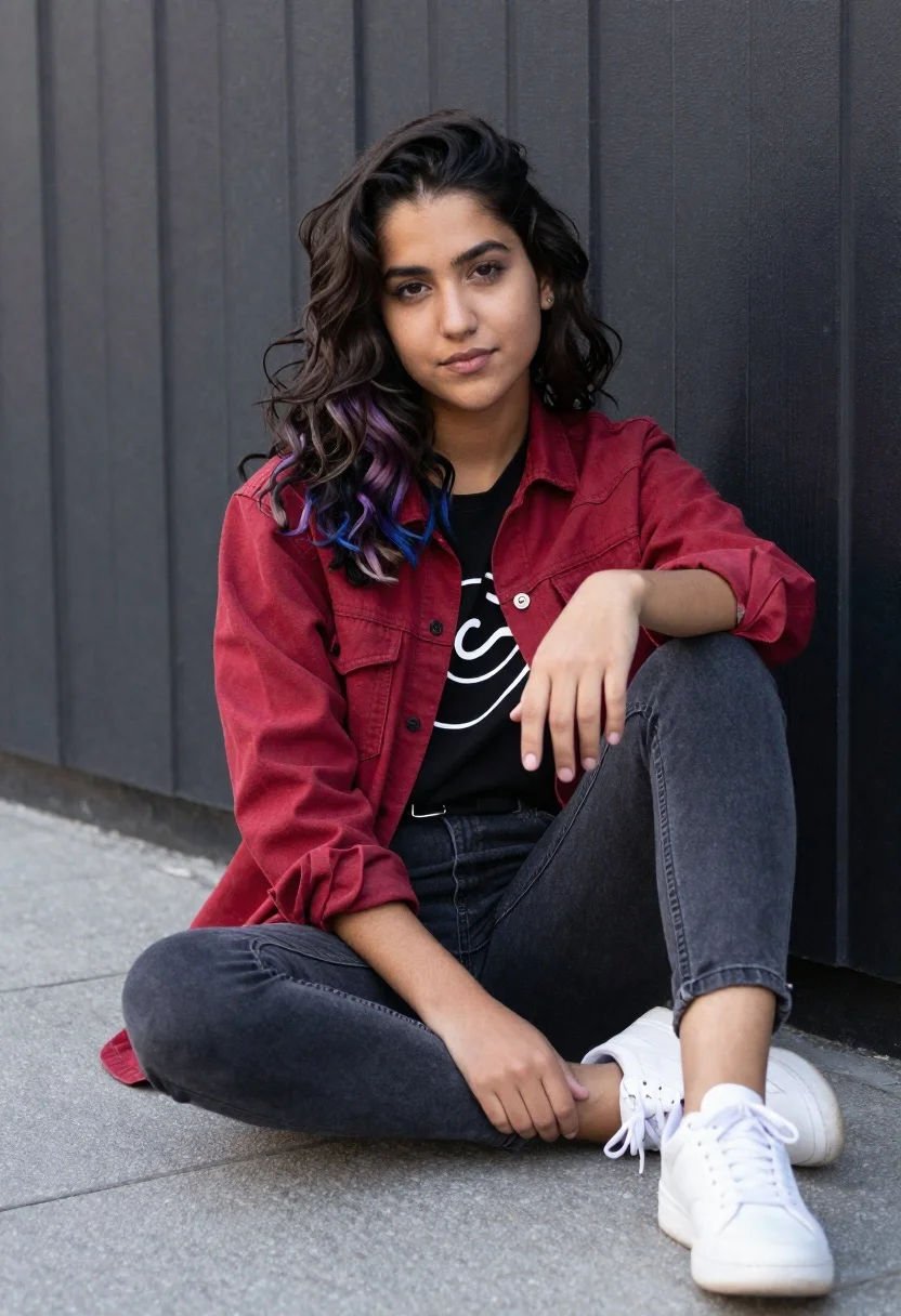 Young Woman With Wavy Dark Hair Featuring Purple Highlights Sits