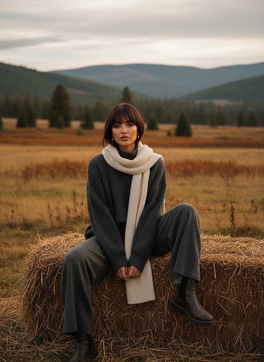 A woman sitting on a hay bale in a natural setting, wearing a dark gray oversized sweater and heavy boots, with soft golden light glowing around her.