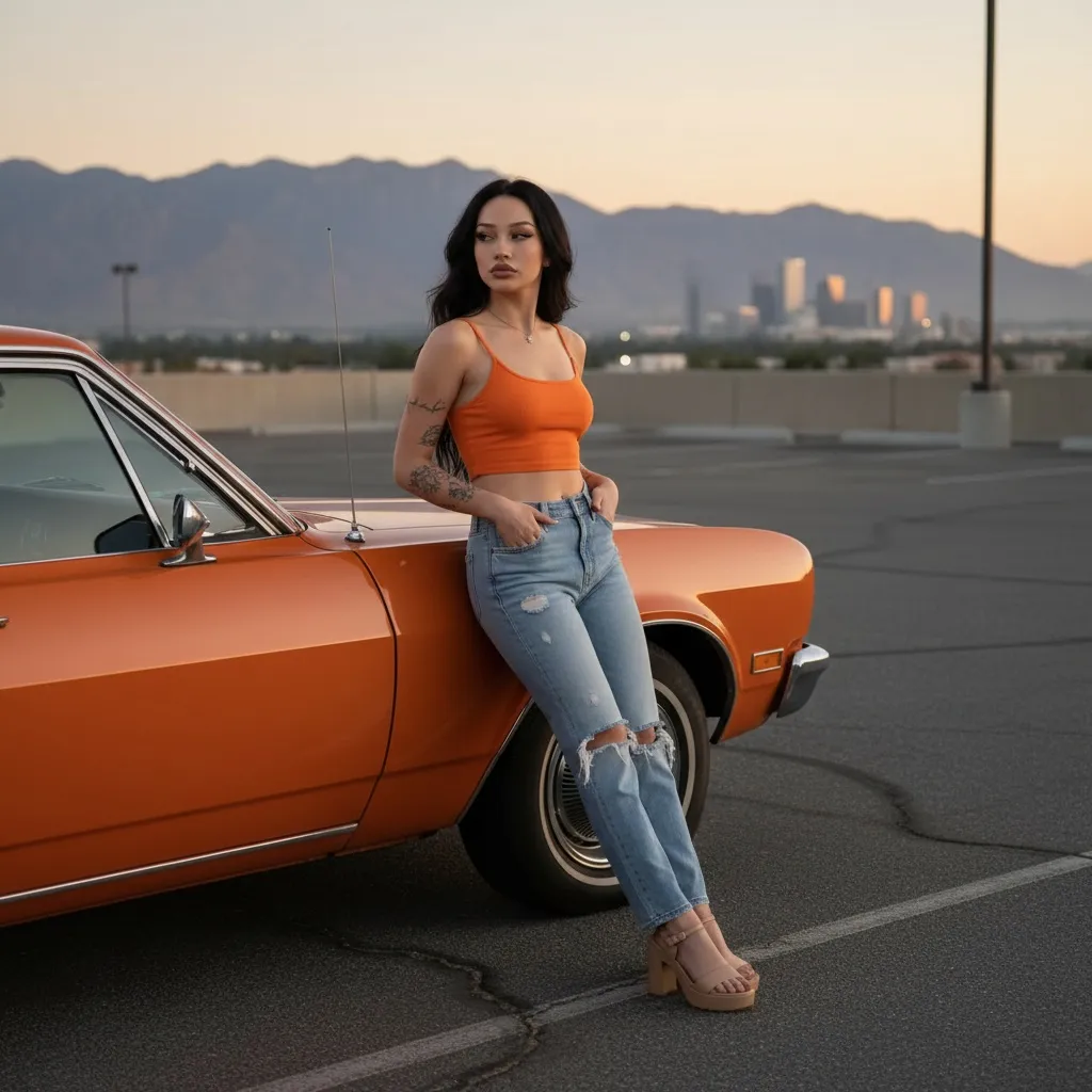 Woman Orange Crop Top Jeans Car Dusk
