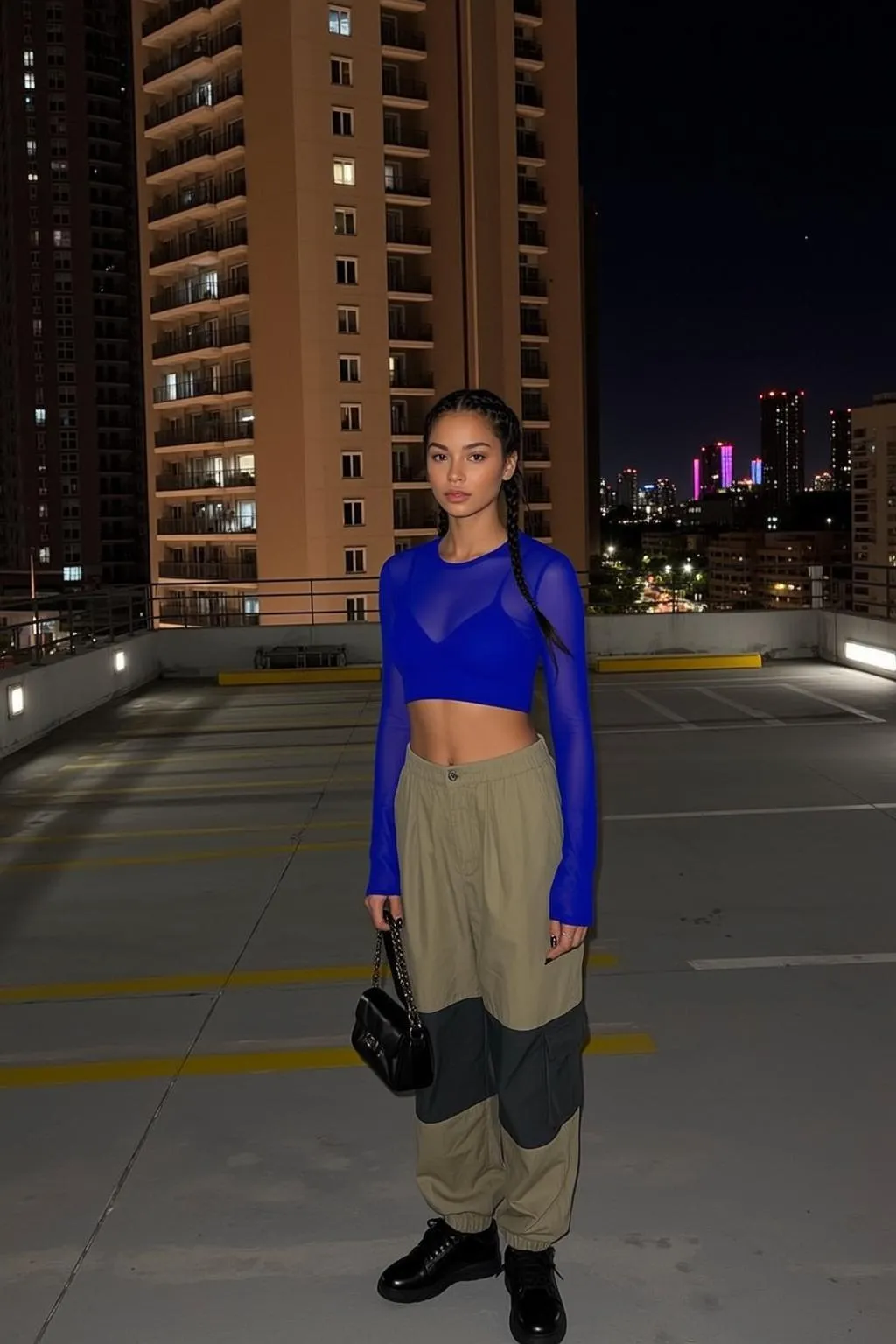 Rooftop Night City Lights Cargo Pants Crop Top