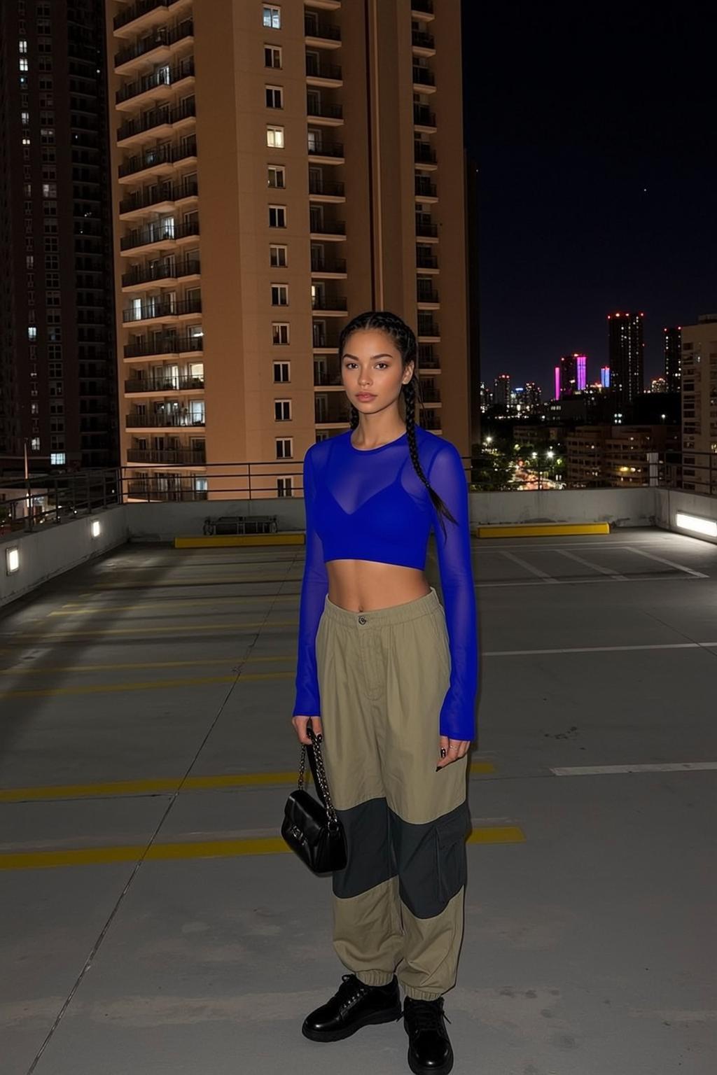 Rooftop Night City Lights Cargo Pants Crop Top