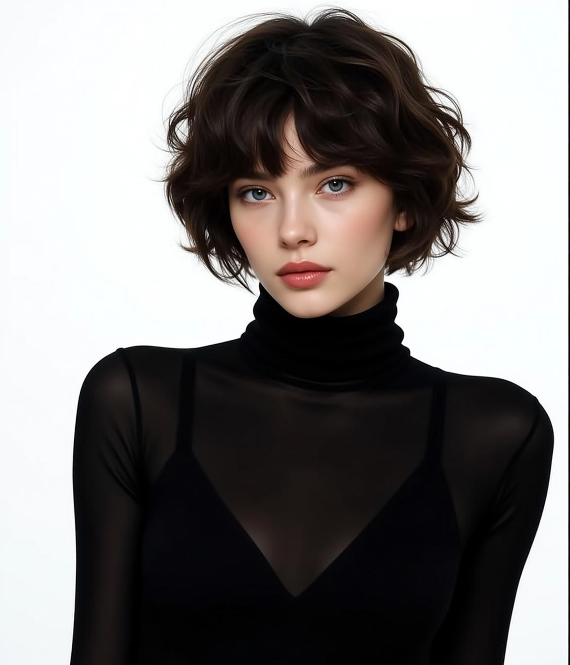 Sheer Turtleneck Studio Portrait Dark Wavy Hair