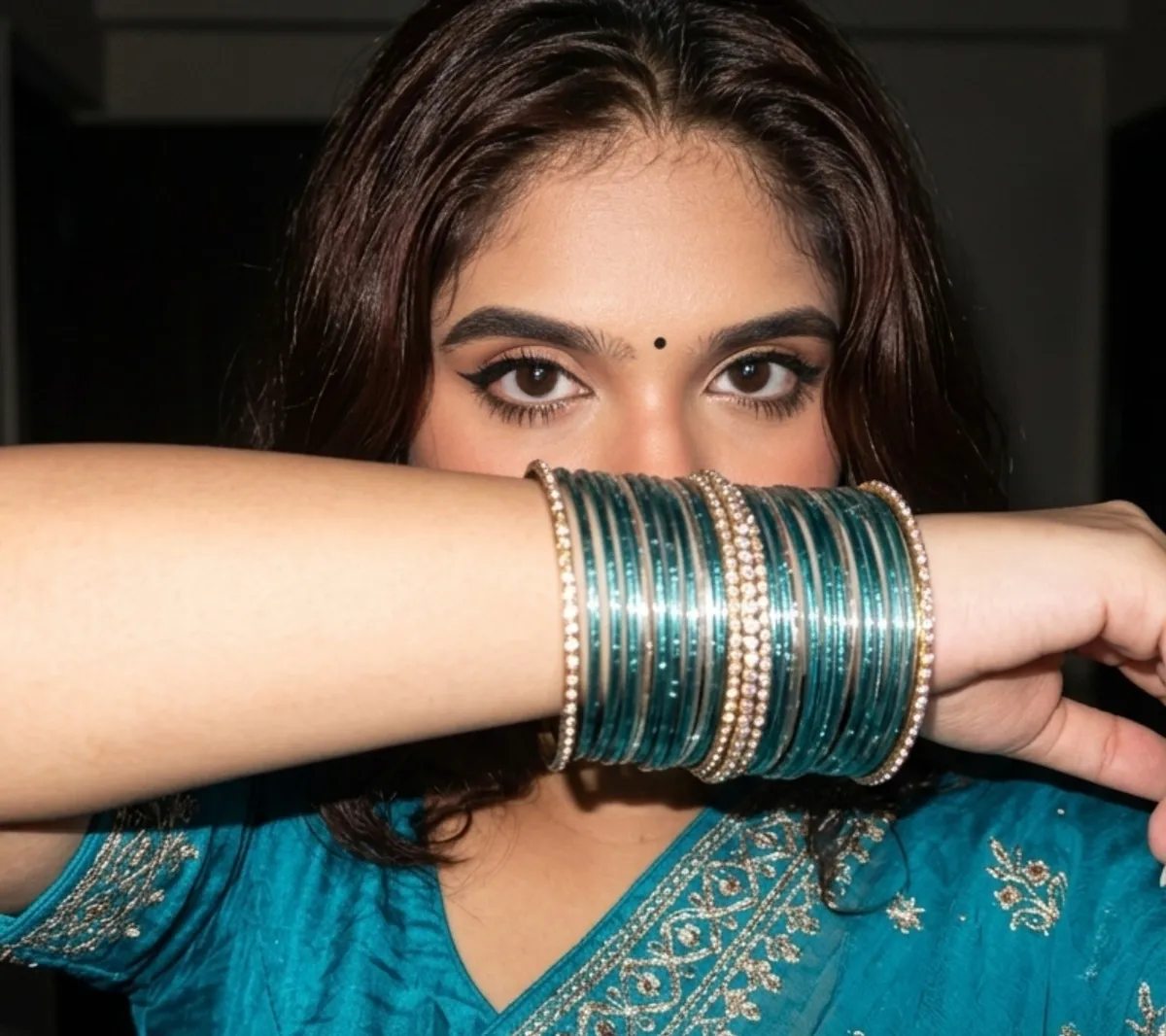 Teal Saree Gold Embroidery Bangles Face Obscuring