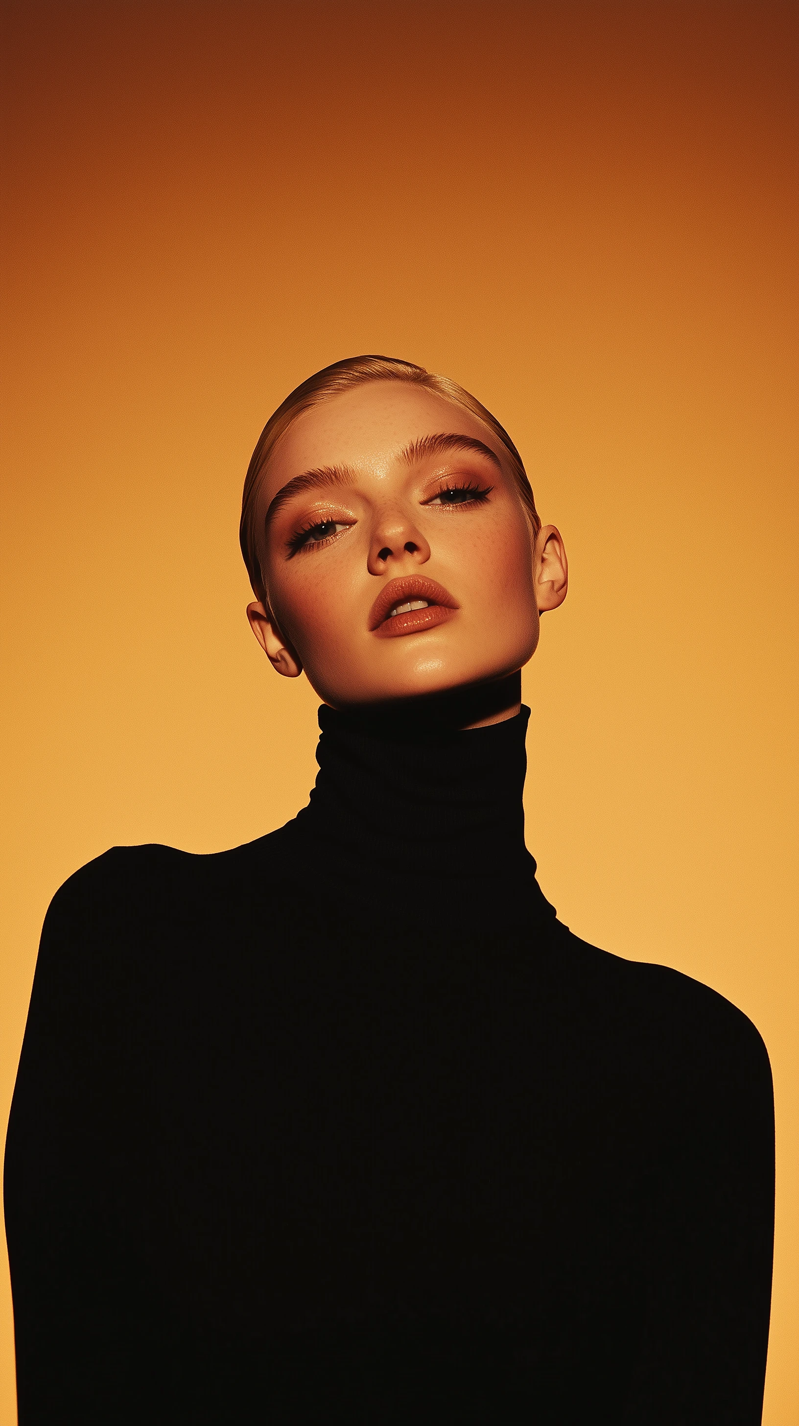 A professional female model in a dramatic black turtleneck, posed against a warm honey amber gradient backdrop, captured in sepia tones.