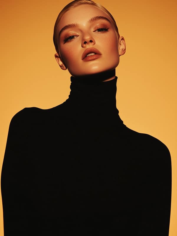 A professional female model in a dramatic black turtleneck, posed against a warm honey amber gradient backdrop, captured in sepia tones.