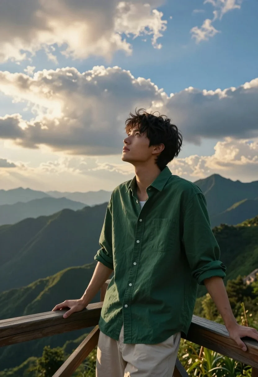 Young Man With Dark Hair Stands Leaning Against Wooden Railing