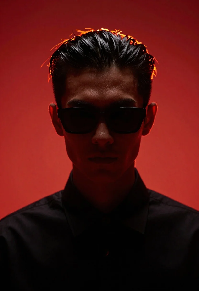 Striking Portrait Person With Slicked-back Dark Hair And Bold Sunglasses reference photo