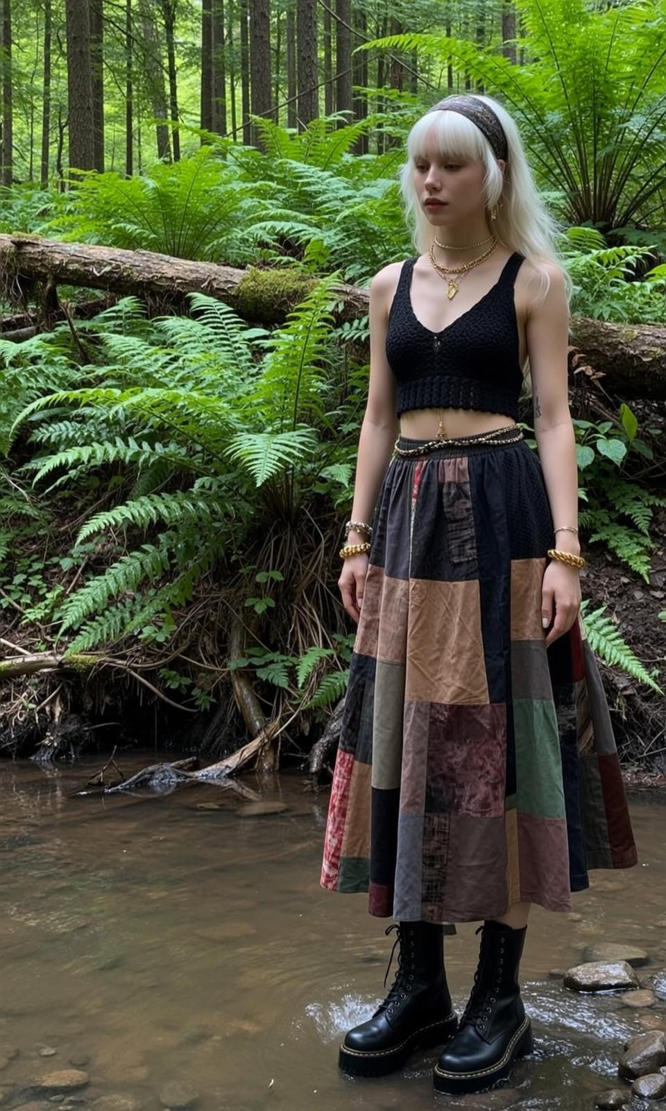 Blonde Woman Forest Stream Black Crochet Midi Skirt