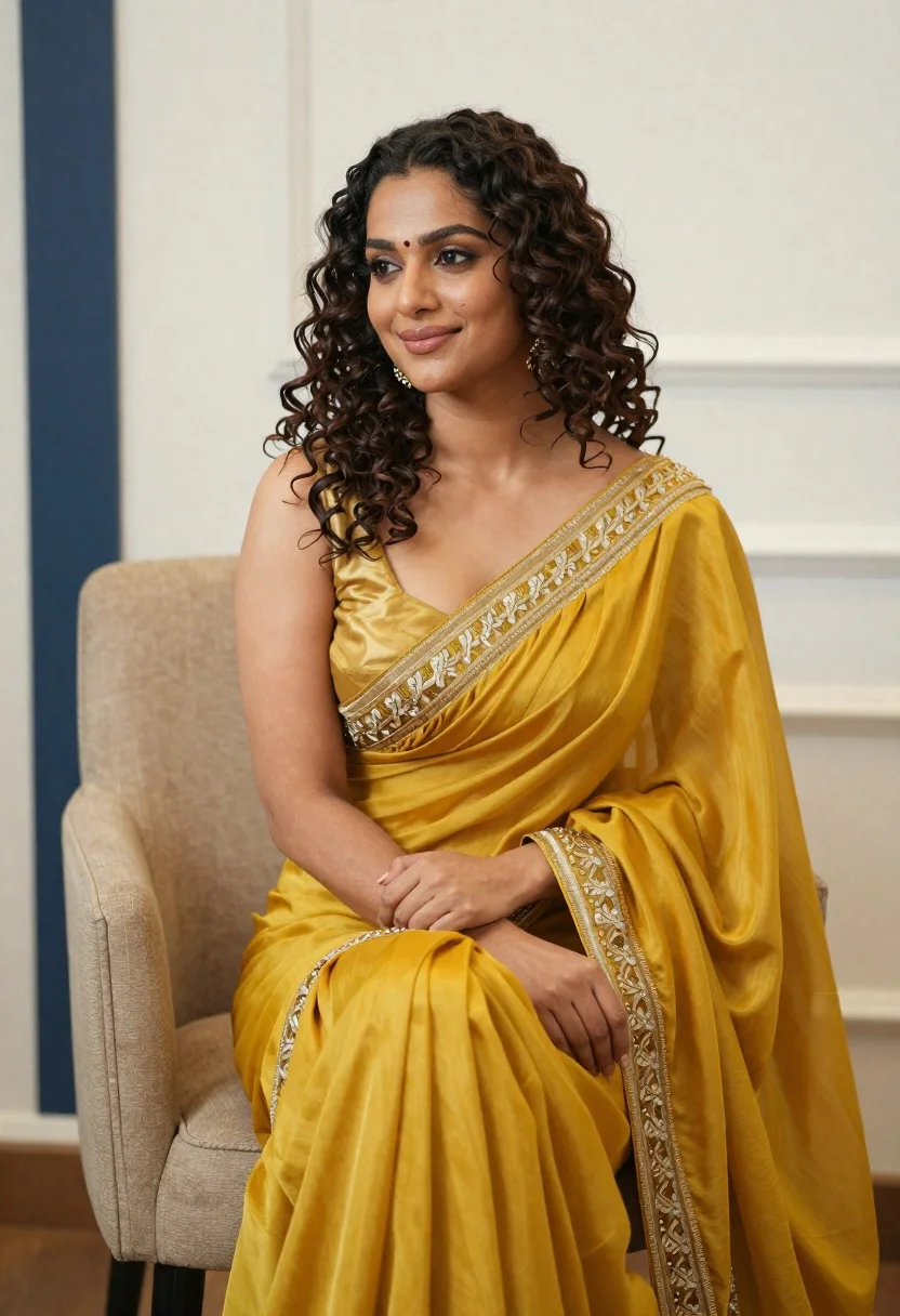 Portrait Woman With Dark Curly Hair Wearing Elegant Yellow Saree reference photo
