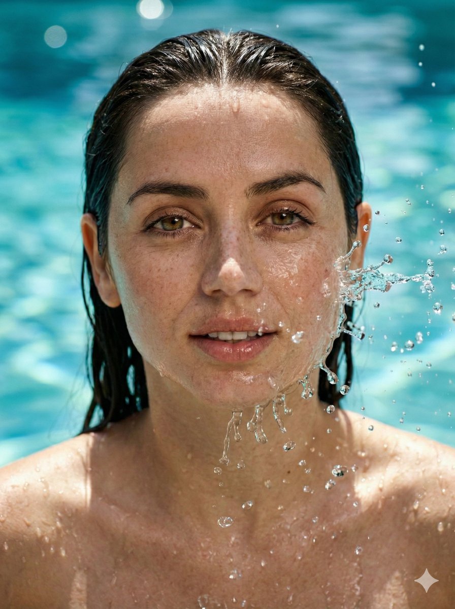 Close-up portrait of a blonde woman with slicked-back hair and serene expression, surrounded by turquoise blue blurred bokeh background.