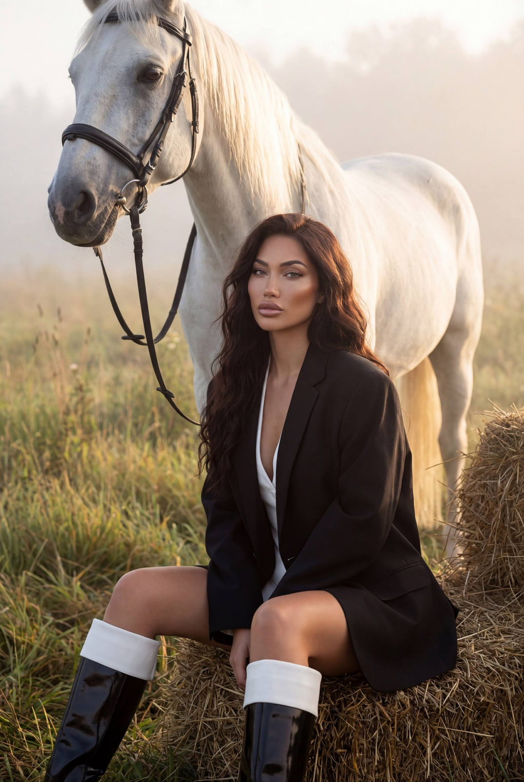 A woman in a black blazer sitting elegantly on a hay bale in a foggy countryside, with a white horse behind her.