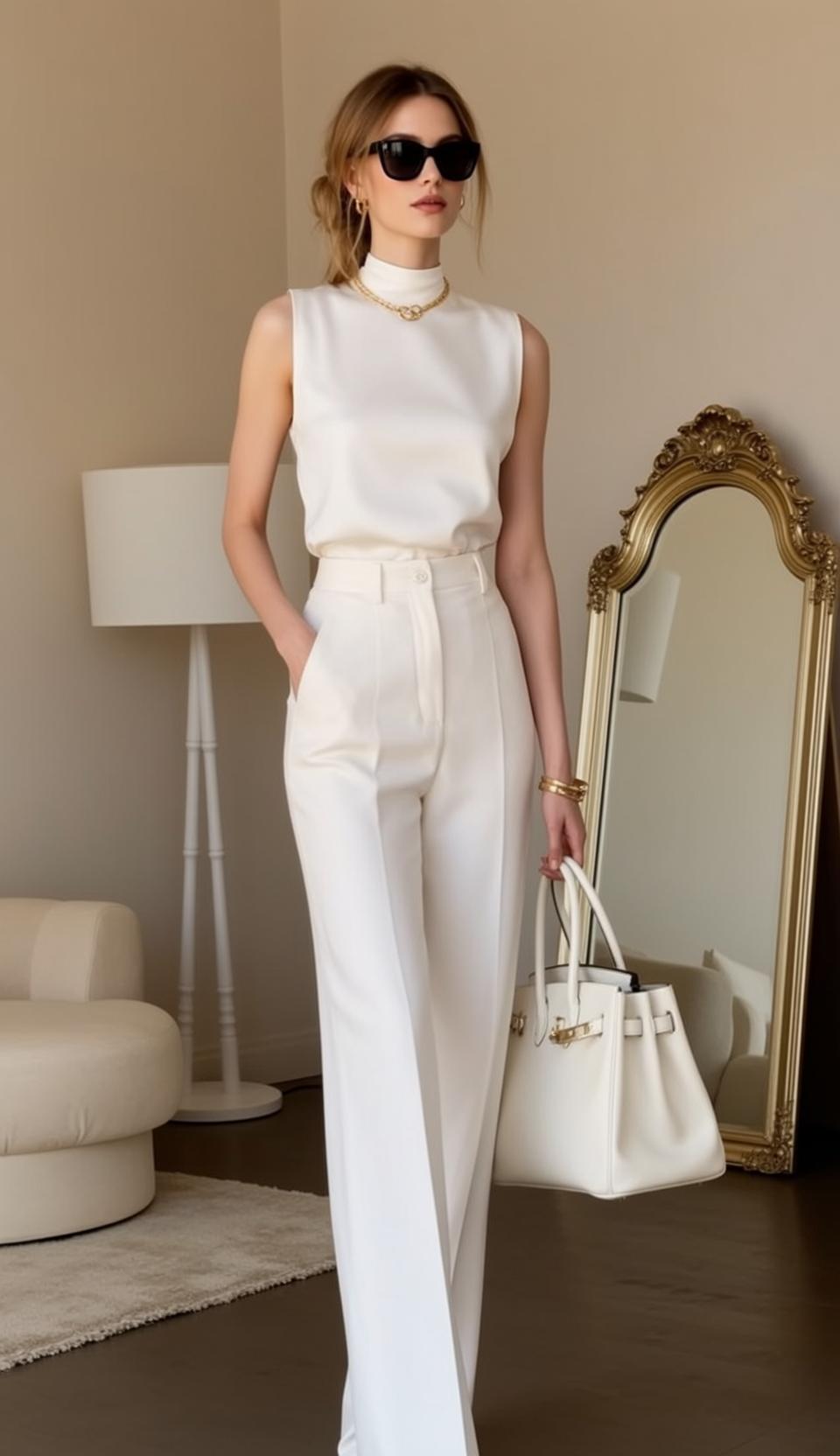 Blonde Woman White Outfit Oversized Sunglasses Gold Jewelry