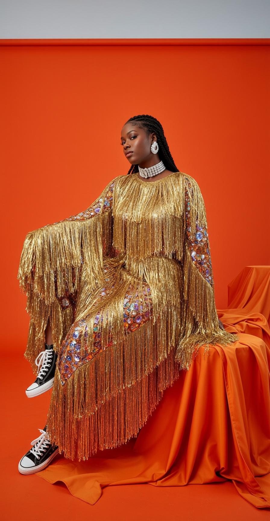 Creative Young Black Braided Dark Gold Sequined