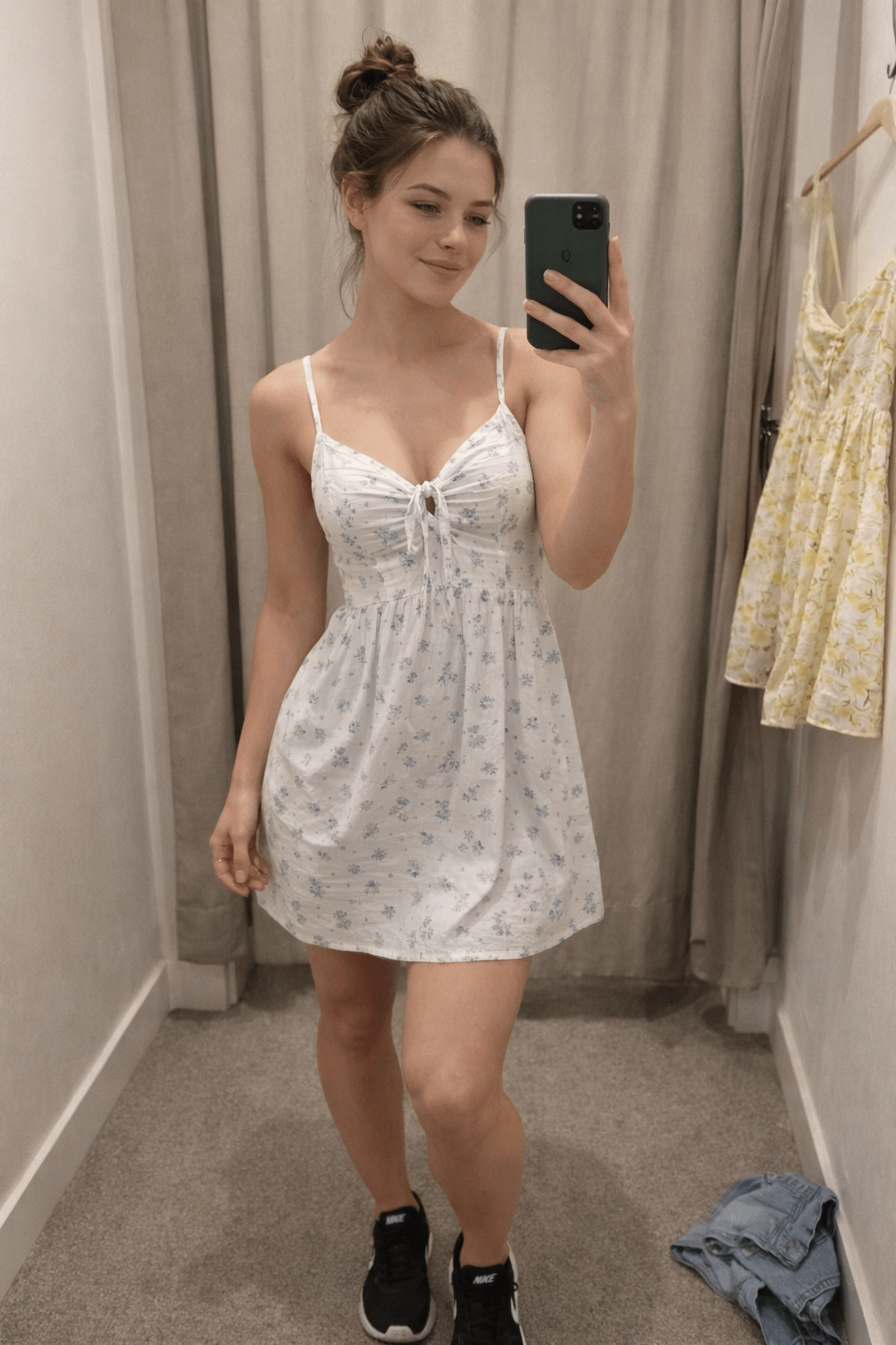 Mirror Selfie White Floral Dress Fitting Room